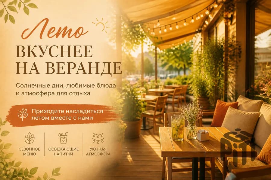 Баннер для рассылки «Лето вкуснее на веранде»: летняя терраса кафе в тёплых тонах
