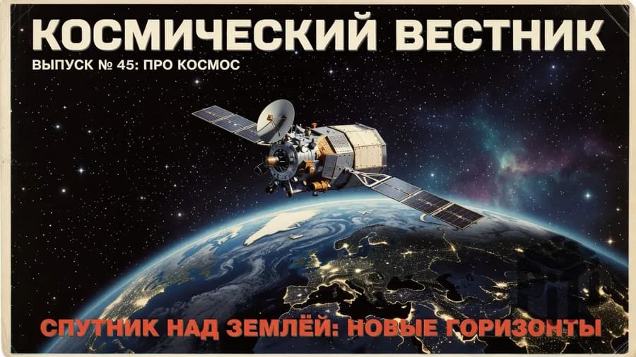 Обложка выпуска про космос: спутник над Землёй и заголовок «Космический вестник»