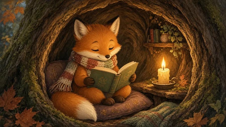 Книжная иллюстрация: лисёнок в вязаном шарфе читает книгу при свече внутри дупла