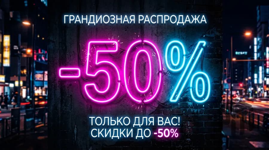 Обложка поста о распродаже: неоновая надпись −50% на фоне ночного города