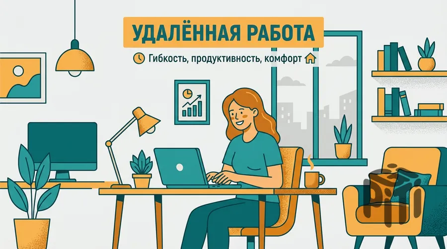 Плоская иллюстрация про удалённую работу: девушка с ноутбуком за домашним столом