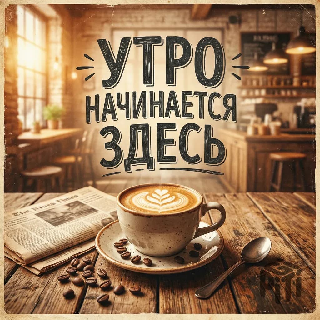 Постер кофейни с крупной надписью «Утро начинается здесь» и чашкой капучино — изображение, созданное Nano Banana Pro в GIPITI