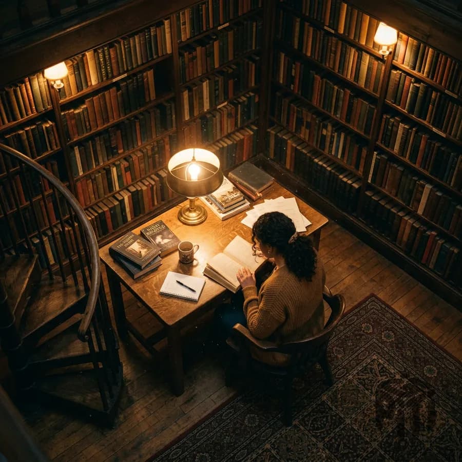 Ночная библиотека: стол под настольной лампой между книжных стеллажей, вид сверху