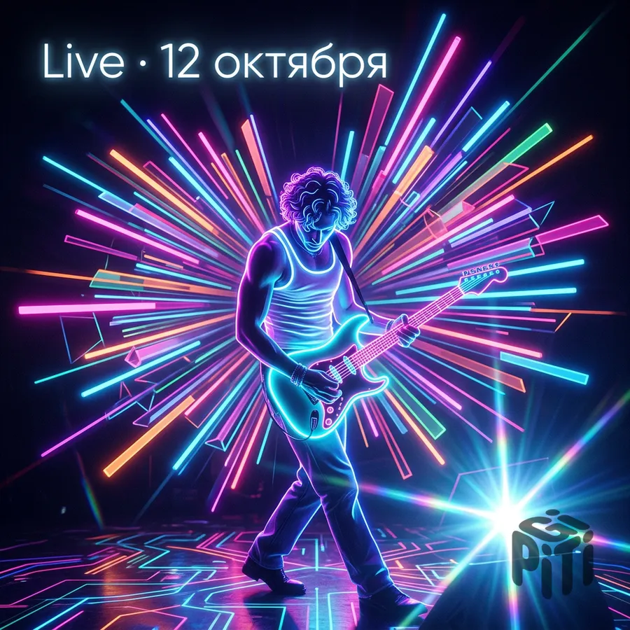 Афиша концерта: гитарист в неоновых лучах и надпись «Live · 12 октября»