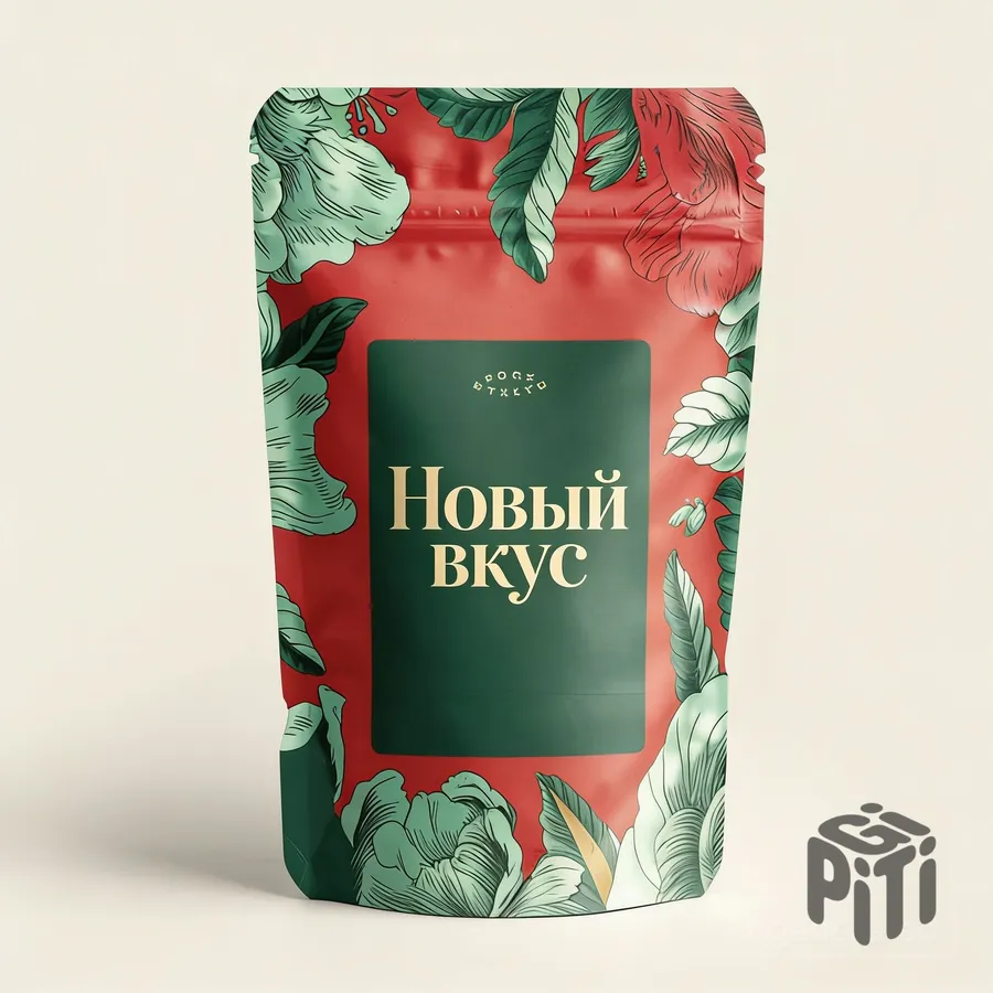Упаковка чая с растительным узором и заменённой надписью «Новый вкус»