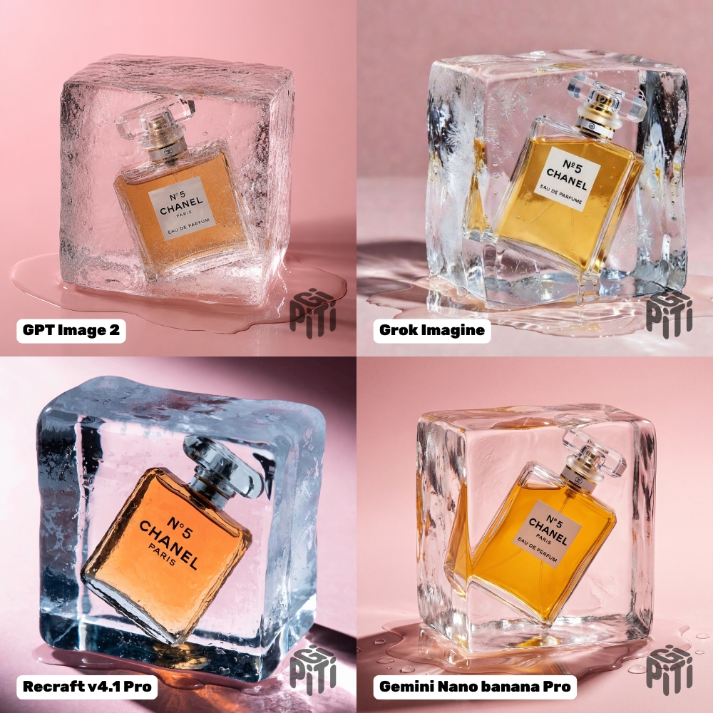Сравнение генерации флакона Chanel №5 во льду в GPT Image 2, Grok Imagine, Recraft v4.1 Pro и Gemini Nano banana Pro