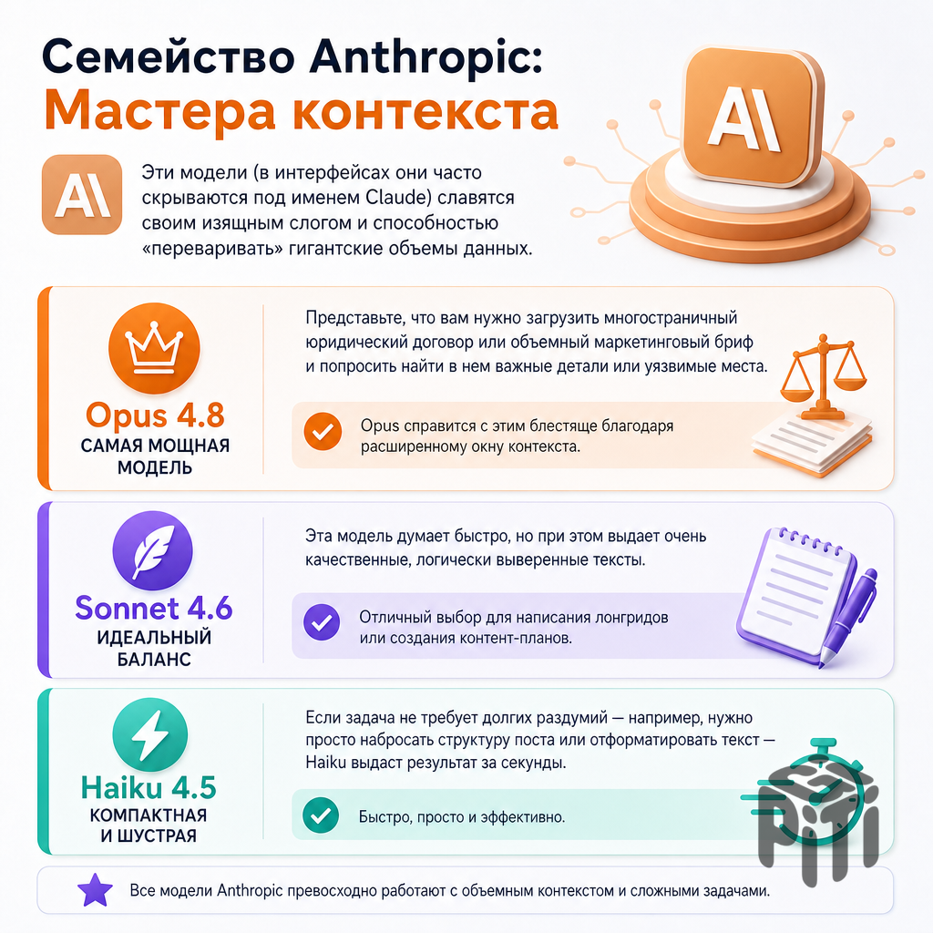 Инфографика по моделям Anthropic Claude: Opus 4.8, Sonnet 4.6, Haiku 4.5